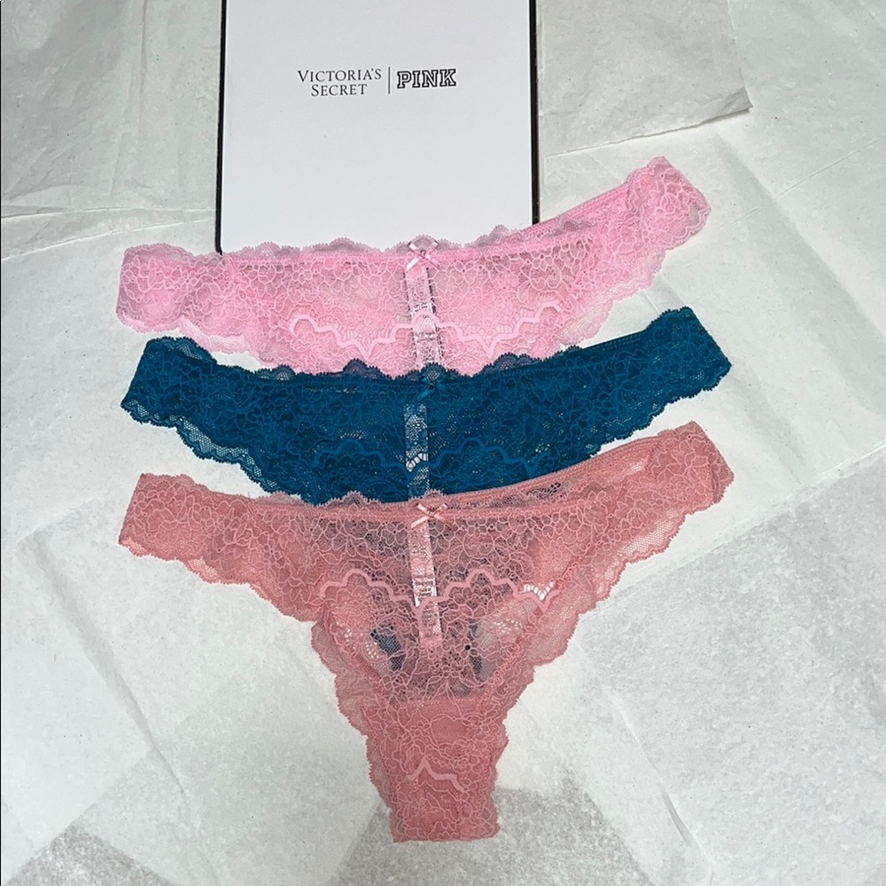 (XL) 3pk Victoria's Secret Lace THONG Panties - Pink, Blue, and Peach